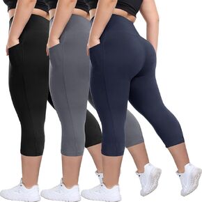 HLTPRO 3 Pack Plus Size Leggings with Pockets for Women - Black High Waisted Tummy Control Soft Yoga Pants for Gym Workout in Kuwait