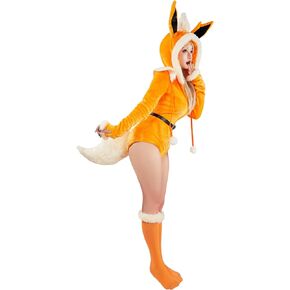 Mobbunny Cute Cartoon Animal Cosplay Costume Fuzzy Onesies Plush Hooded Romper Fluffy Jumpsuit Pajamas with Belt and Tail