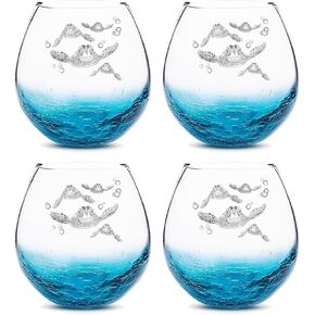 Mothers Day Gifts for Mom and Grandma, Etched Sea Turtles Family Handmade Engraved Crackle Turquoise Beach Wine Glasses in Kuwait
