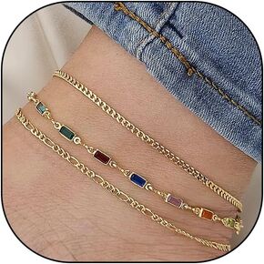 14k Gold Stackable Anklet Set for Woman Girls Teen,Adjustable Dainty Cute Colored Zircon Anklets,Cuban Beach Jewelry Gifts for Friends.