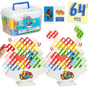 WOWNOVA 64PCS Deluxe Tetra Tower Game for Family Game Night, Balance Stacking Blocks Tower Board Game for Fun Party Games, Stacking Game for Kids & Adults, with Prize Wheel&Cute Clear Storage Box
