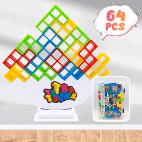 Tetra Stack Tower Attack Game - 64 Pcs with Storage Box Team Tower Game for Kids & Adults, Family Party Game Board Games Balance Stacking Toys for 2-6 Players