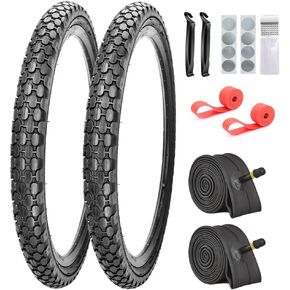 2 Pack 24"x2.125" Inch 26"x2.125" Inch Cruiser Bike Tires and Tubes White/Black Side Wall with Repair Kit- 2 Levers,2 Rim Strips, Glueless Patch Kit