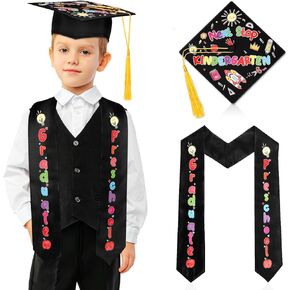 Preschool Graduation Cap and Stole for Kids Next Stop Kindergarten Cap with Tassel Unisex Printed Preschool Graduation Sash