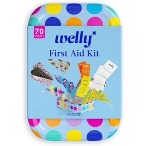 Welly First Aid Kit - Adhesive Bandages in Flexible Fabric and Waterproof, Singe Use Ointments (Triple Antibiotic, Cleansing Wipes and Hydrocortisone) - 70 Count