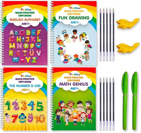 Magic Practice Copybook Reusable Writing Practice Book - Magical Handwriting Workbooks Magic Copy Book - Grooves Template Design for Kids Age 3-8 Magic Pens 4 Books 7.8x5.11inch in Kuwait