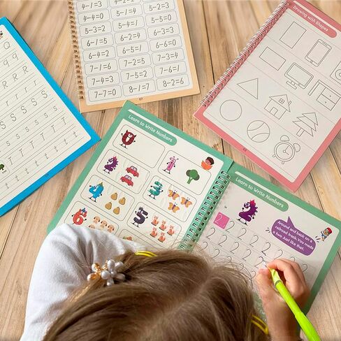 Magic Practice Copybook Reusable Writing Practice Book - Magical Handwriting Workbooks Magic Copy Book - Grooves Template Design for Kids Age 3-8 Magic Pens 4 Books 7.8x5.11inch in Kuwait