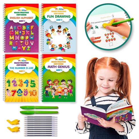 Magic Practice Copybook Reusable Writing Practice Book - Magical Handwriting Workbooks Magic Copy Book - Grooves Template Design for Kids Age 3-8 Magic Pens 4 Books 7.8x5.11inch in Kuwait