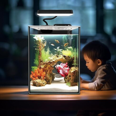 iPriro Glass Betta Aquarium Starter Kits 1.5 جالون خزان أسماك صغير، خزان أسماك بيتا مع ضوء LED، فلتر طاقة، أسود. زجاج 4 ملم in Kuwait