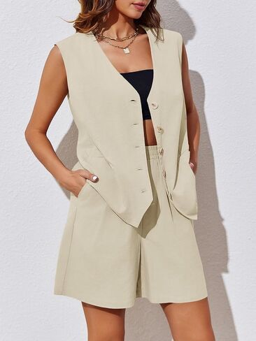 Cicy Bell Womens Summer Blazer Vest 2 Piece Sets V Neck Sleeveless Button Down Waistcoat and High Waisted Work Suit Short Set in Saudi Arabia