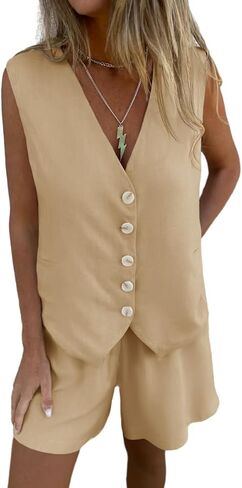 Cicy Bell المرأة الصيف السترة سترة 2 قطعة مجموعات الخامس الرقبة أكمام زر أسفل صدرية وارتفاع الخصر بدلة العمل مجموعة قصيرة in Kuwait