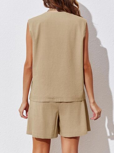 Cicy Bell المرأة الصيف السترة سترة 2 قطعة مجموعات الخامس الرقبة أكمام زر أسفل صدرية وارتفاع الخصر بدلة العمل مجموعة قصيرة in Kuwait