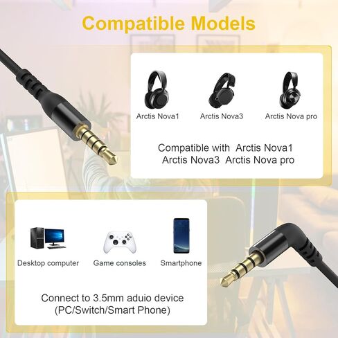كابل صوت Lusgawer 3.5 ملم متوافق مع SteelSeries Arctis Nova 1، Nova 3، سماعة رأس Nova Pro للألعاب، سلك كابل تمديد صوتي بديل (أسود، 1.5 متر/4.9 قدم) in Kuwait