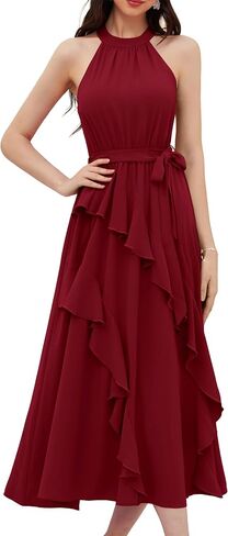 GRACE KARIN Women's 2024 Summer Sleeveless Halter Neck Ruffle Hem Split Flowy Swing Long Midi Dress with Belt in Saudi Arabia