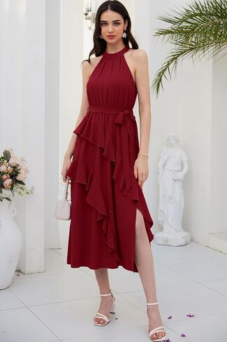 GRACE KARIN Women's 2024 Summer Sleeveless Halter Neck Ruffle Hem Split Flowy Swing Long Midi Dress with Belt in Saudi Arabia