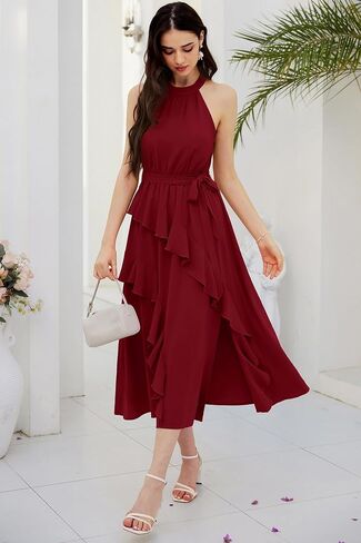 GRACE KARIN Women's 2024 Summer Sleeveless Halter Neck Ruffle Hem Split Flowy Swing Long Midi Dress with Belt in Saudi Arabia