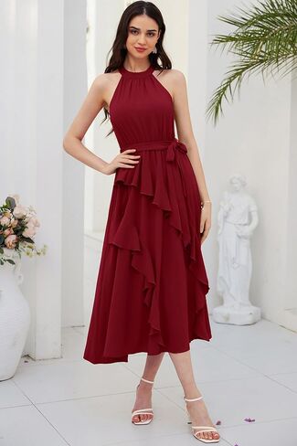 GRACE KARIN Women's 2024 Summer Sleeveless Halter Neck Ruffle Hem Split Flowy Swing Long Midi Dress with Belt in Saudi Arabia