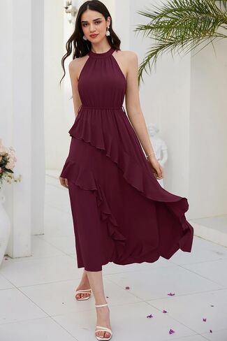 GRACE KARIN Women's 2024 Summer Sleeveless Halter Neck Ruffle Hem Split Flowy Swing Long Midi Dress with Belt in Saudi Arabia