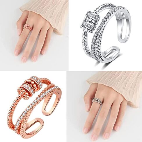 2PC anti anxiety ring for women adjustable fidget rings for anxiety for women anxiety ring with spinner beads spinner ring for anxiety spinning ring women anxiety Stress Relieving Fidget Ring Women in Saudi Arabia