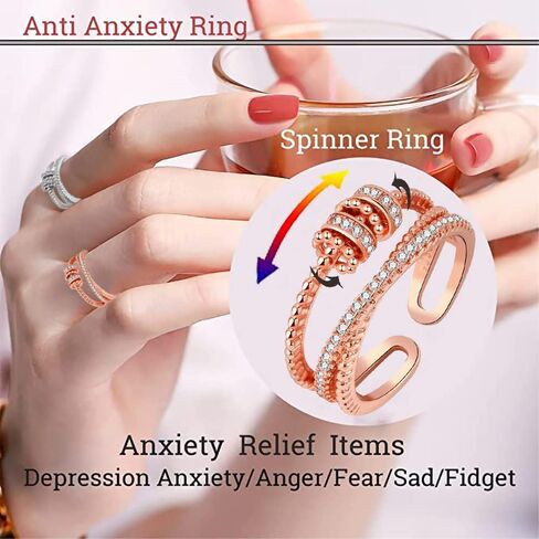 2PC anti anxiety ring for women adjustable fidget rings for anxiety for women anxiety ring with spinner beads spinner ring for anxiety spinning ring women anxiety Stress Relieving Fidget Ring Women in Saudi Arabia