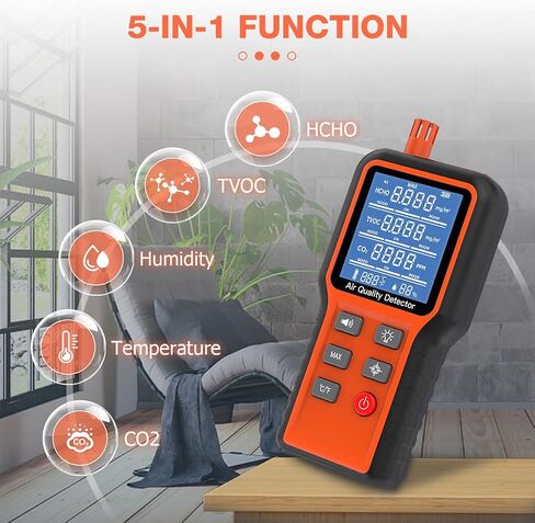 Air Quality Monitor Indoor 5-in-1 Air Quality Meter Test Kit with Lithium Battery, Air Quality Tester for Home House CO2, TVOC, HCHO, Humidity, Temperature Monitor Handhold Air Quality Monitor in Saudi Arabia
