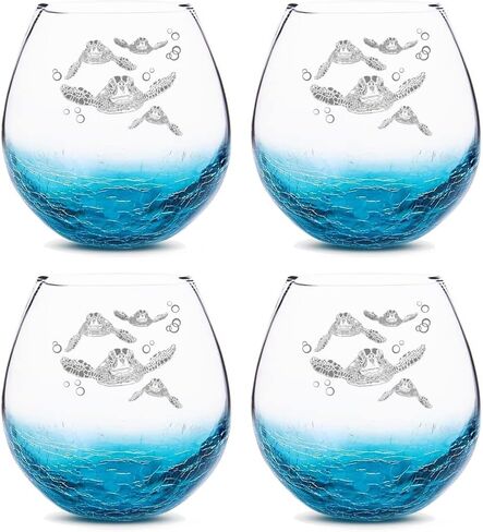 Mothers Day Gifts for Mom and Grandma, Etched Sea Turtles Family Handmade Engraved Crackle Turquoise Beach Wine Glasses in Kuwait