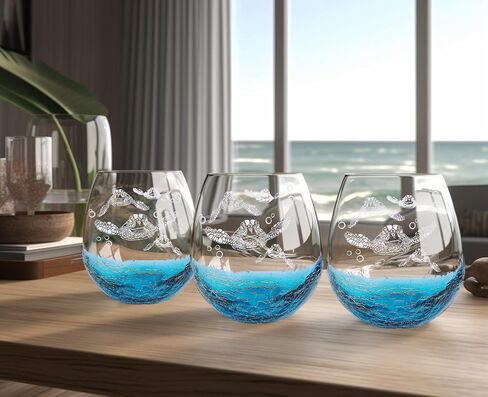 Mothers Day Gifts for Mom and Grandma, Etched Sea Turtles Family Handmade Engraved Crackle Turquoise Beach Wine Glasses in Kuwait