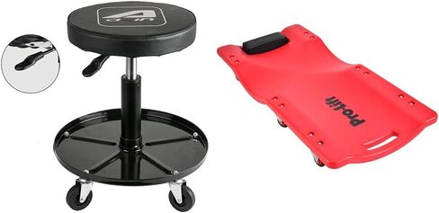 Aain LT2A مقعد ميكانيكي قابل للتعديل للخدمة الشاقة ومقعد دوار قابل للتعديل وزاحف بلاستيكي ميكانيكي Pro-LifT 36 بوصة - جسم HDPE مريح مصبوب بالنفخ مع مسند رأس مبطن بسعة 300 رطل باللون الأحمر in Kuwait