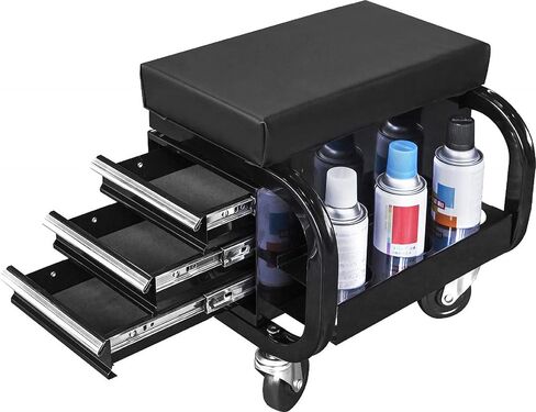 مقعد المرآب/المتجر من TCE مع ثلاثة أدراج مدمجة، مقعد زاحف ميكانيكي مبطن، أسود، APD2016AU in Kuwait