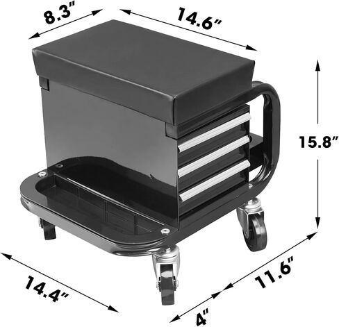 مقعد المرآب/المتجر من TCE مع ثلاثة أدراج مدمجة، مقعد زاحف ميكانيكي مبطن، أسود، APD2016AU in Kuwait