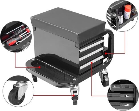 مقعد المرآب/المتجر من TCE مع ثلاثة أدراج مدمجة، مقعد زاحف ميكانيكي مبطن، أسود، APD2016AU in Kuwait