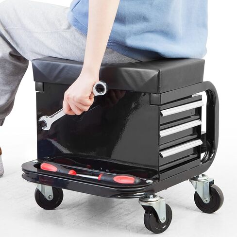 مقعد المرآب/المتجر من TCE مع ثلاثة أدراج مدمجة، مقعد زاحف ميكانيكي مبطن، أسود، APD2016AU in Kuwait