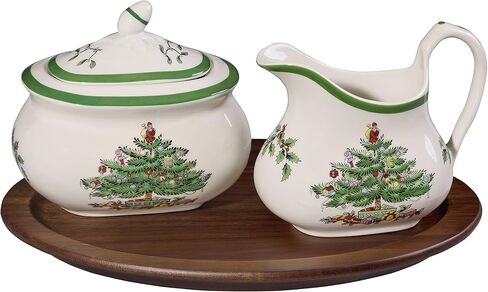 Spode - Christmas Tree Collection - Sugar and Creamer Set of 3 - 16 oz Sugar Container - 8 oz Creamer Container - Comes with Acacia Wood Tray - Sugar and Creamer are Dishwasher Safe in Saudi Arabia