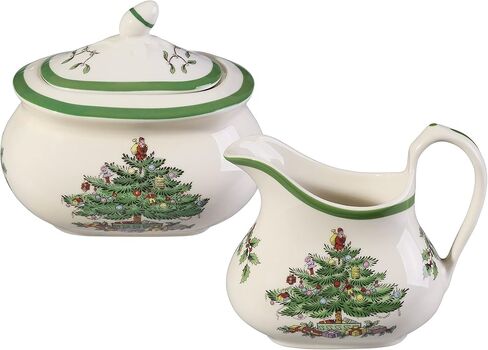 Spode - Christmas Tree Collection - Sugar and Creamer Set of 3 - 16 oz Sugar Container - 8 oz Creamer Container - Comes with Acacia Wood Tray - Sugar and Creamer are Dishwasher Safe in Saudi Arabia