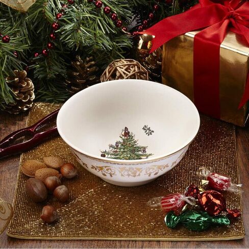 Spode Christmas Tree Gold Collection Rice Bowl, Measured at 6", Use for Soup, Frozen Meals, Stews, and Sticky Rice Dinners, Made of Earthenware, Dishwasher and Microwave Safe in Saudi Arabia