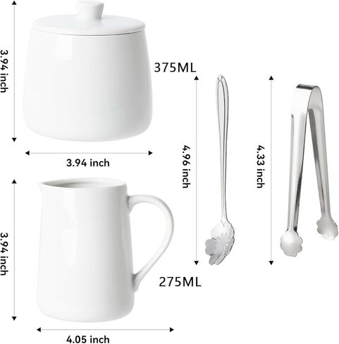 Sugar and Creamer Set, 4 Piece with Cream Pitcher, Sugar Bowl with Lid and Spoon, Sugar Tongs in Kuwait