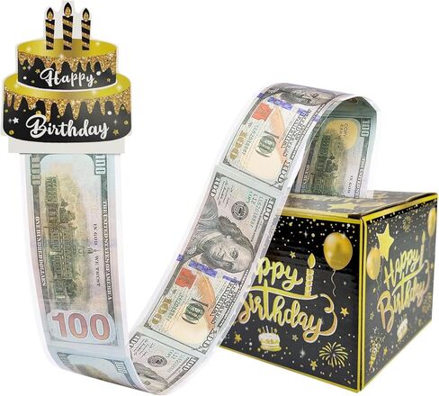 صندوق هدايا عيد ميلاد سعيد من LOADWRITE مع ملصقات DIY لأي عمر - صندوق هدايا نقدي لحفلات أعياد الميلاد باللون الأسود والذهبي مع بطاقة سحب للنساء والفتيات in Kuwait