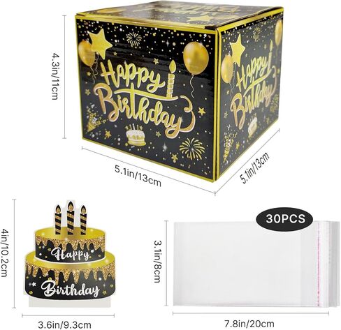 صندوق هدايا عيد ميلاد سعيد من LOADWRITE مع ملصقات DIY لأي عمر - صندوق هدايا نقدي لحفلات أعياد الميلاد باللون الأسود والذهبي مع بطاقة سحب للنساء والفتيات in Kuwait