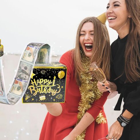 صندوق هدايا عيد ميلاد سعيد من LOADWRITE مع ملصقات DIY لأي عمر - صندوق هدايا نقدي لحفلات أعياد الميلاد باللون الأسود والذهبي مع بطاقة سحب للنساء والفتيات in Kuwait