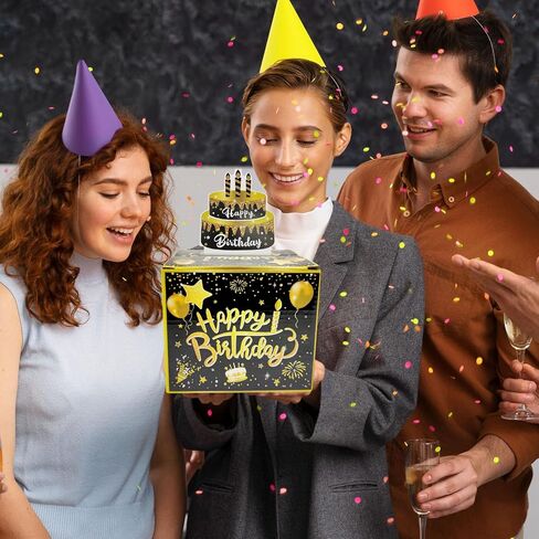صندوق هدايا عيد ميلاد سعيد من LOADWRITE مع ملصقات DIY لأي عمر - صندوق هدايا نقدي لحفلات أعياد الميلاد باللون الأسود والذهبي مع بطاقة سحب للنساء والفتيات in Kuwait