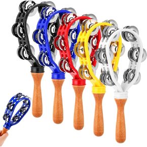 Boao 5 Pack 12 Inch Hand Held Tambourine for Adults Colorful Double Row Metal Jingles Tambourine Musical Instrument Percussion with Ergonomic Wooden Handle Grip Tambourines for Adults Church Party in Kuwait
