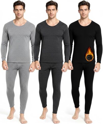 Jecery 3 Set Thermal Underwear for Men Fleece Lined Long Underwear Winter Base Layer Thermals Top and Bottom Set Cold Weather in Saudi Arabia