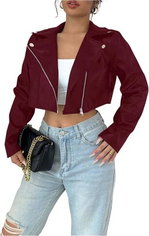 OYOANGLE Women's PU Leather Cropped Jacket Zip Up Motorcycle Jackets Coat in Saudi Arabia