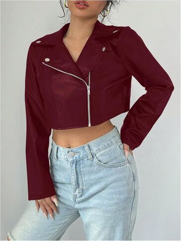 OYOANGLE Women's PU Leather Cropped Jacket Zip Up Motorcycle Jackets Coat in Saudi Arabia