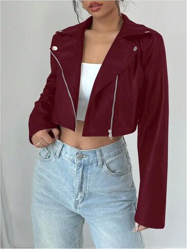 OYOANGLE Women's PU Leather Cropped Jacket Zip Up Motorcycle Jackets Coat in Saudi Arabia