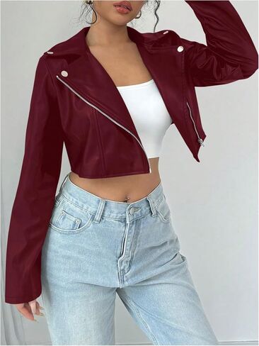OYOANGLE Women's PU Leather Cropped Jacket Zip Up Motorcycle Jackets Coat in Saudi Arabia