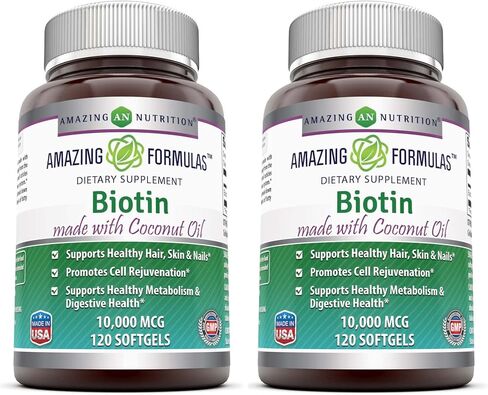 Amazing Formulas Biotin 10000mcg with Extra Virgin Organic Coconut Oil 120 Softgels | Non-GMO | Gluten Free | Made in USA in Kuwait