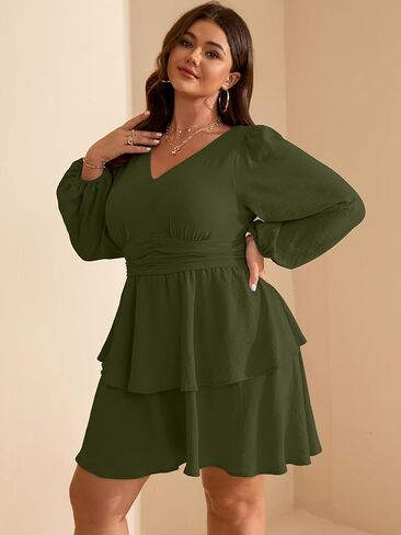 RWJ Plus Size Dresses for Curvy Women V Neck Long Sleeve Elastic Waist Fall Wedding Guest Layer Casual Mini Dress in Saudi Arabia