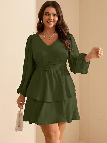 RWJ Plus Size Dresses for Curvy Women V Neck Long Sleeve Elastic Waist Fall Wedding Guest Layer Casual Mini Dress in Saudi Arabia