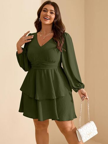 RWJ Plus Size Dresses for Curvy Women V Neck Long Sleeve Elastic Waist Fall Wedding Guest Layer Casual Mini Dress in Saudi Arabia